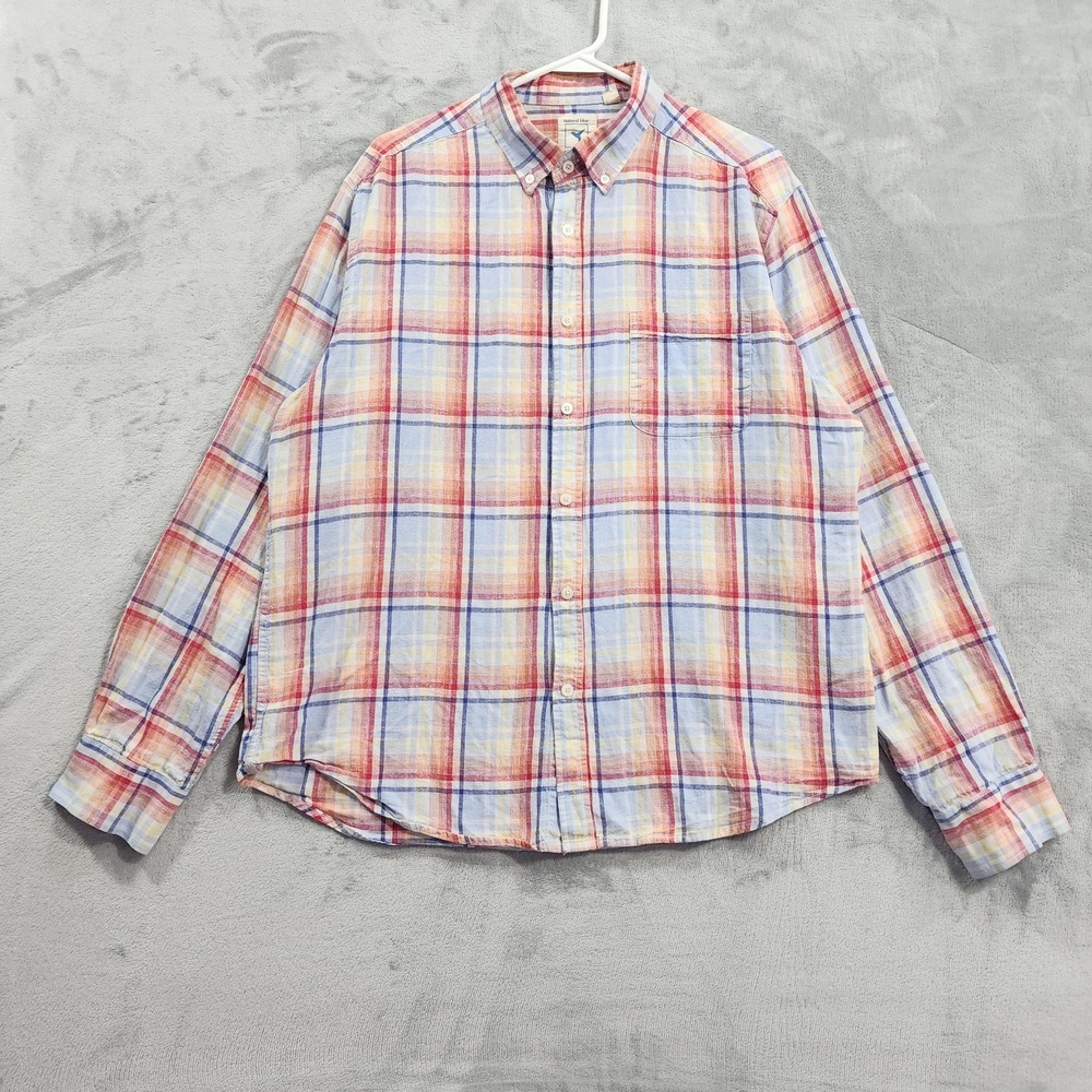 Natural Blue Visitor Shirt Men XL Multicolor Plaid Linen Button Down Long Sleeve